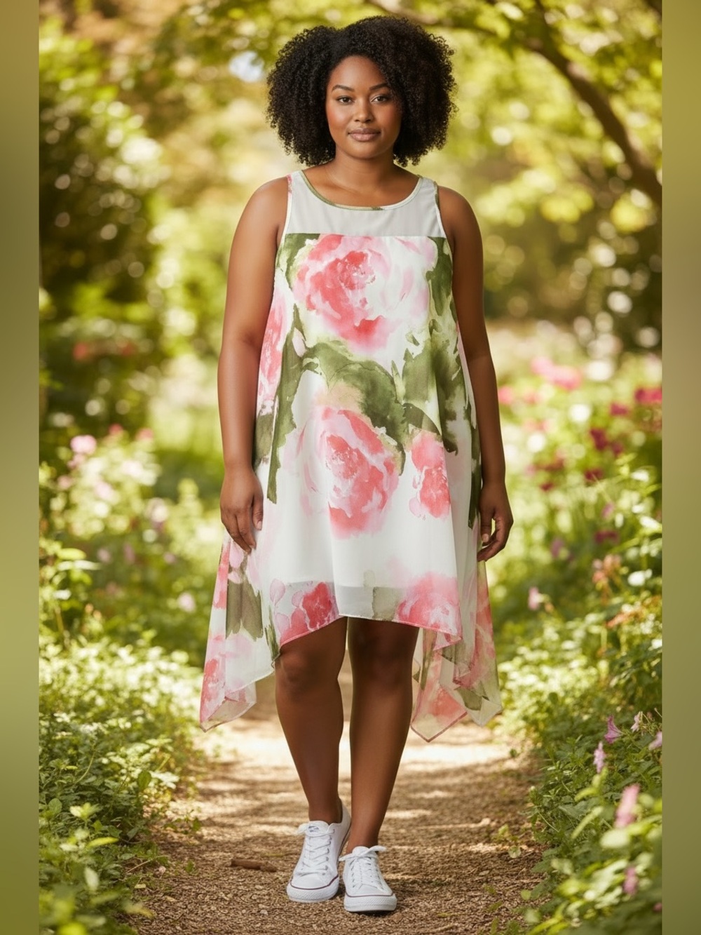 Robbie Bee Pink and Green Watercolor Floral High-Low Sundress